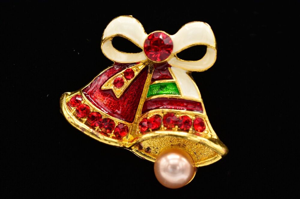 Vintage Christmas Bell Pin Brooch Red Rhinestone Crystal Enamel Gold Tone BinJ